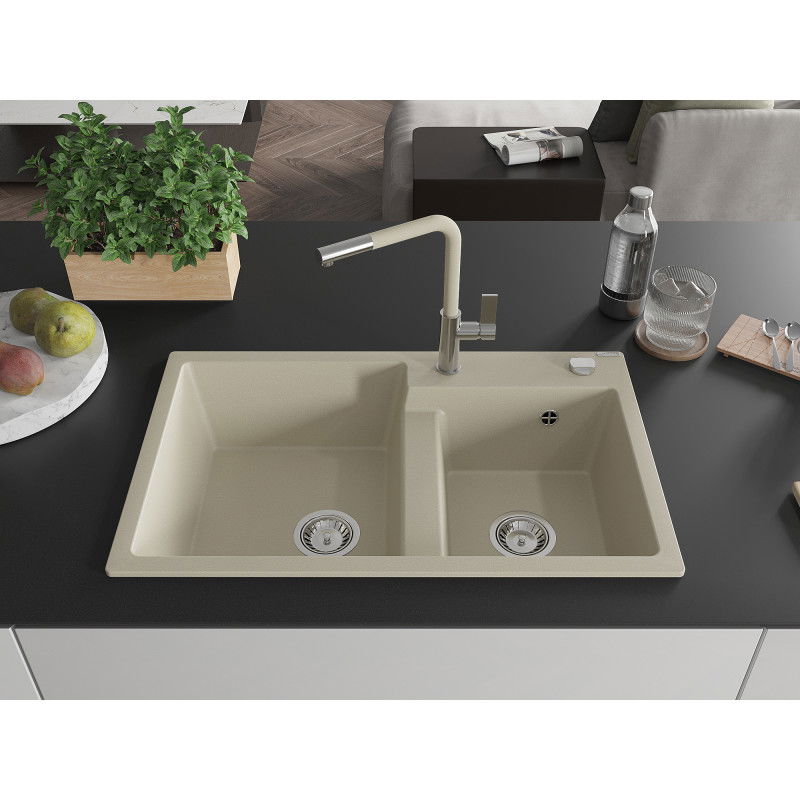 Mexen Tomas granite sink with 2 bowls and Flora kitchen tap, beige - 6516-69-670401-09