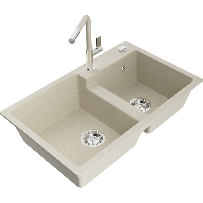 Mexen Tomas granite double-bowl sink with Flora kitchen faucet, beige - 6516-69-670401-09