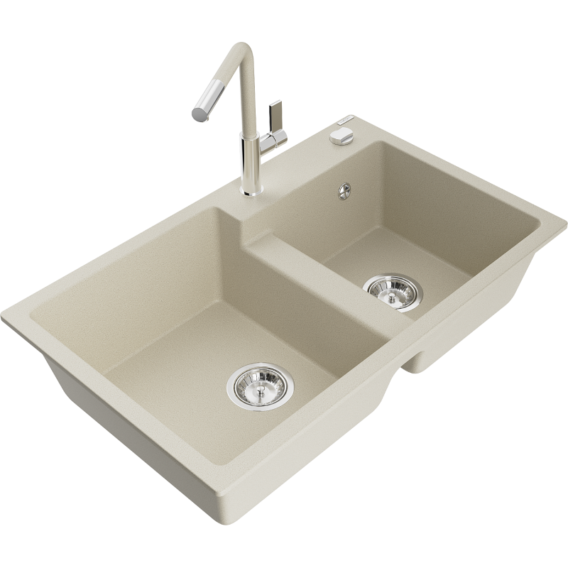 Mexen Tomas granite sink with 2 bowls and Flora kitchen tap, beige - 6516-69-670401-09