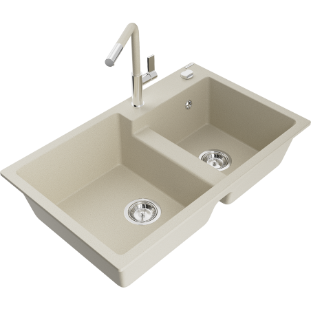 Mexen Tomas granite double-bowl sink with Flora kitchen faucet, beige - 6516-69-670401-09