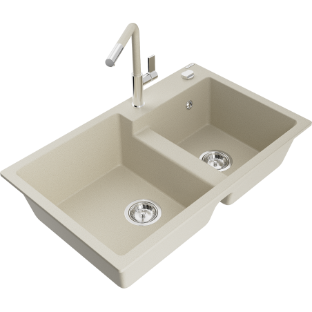 Mexen Tomas granite sink with 2 bowls and Flora kitchen tap, beige - 6516-69-670401-09