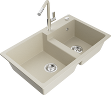 Mexen Tomas 2-bowl granite kitchen sink with Flora faucet, beige - 6516-69-670401-09