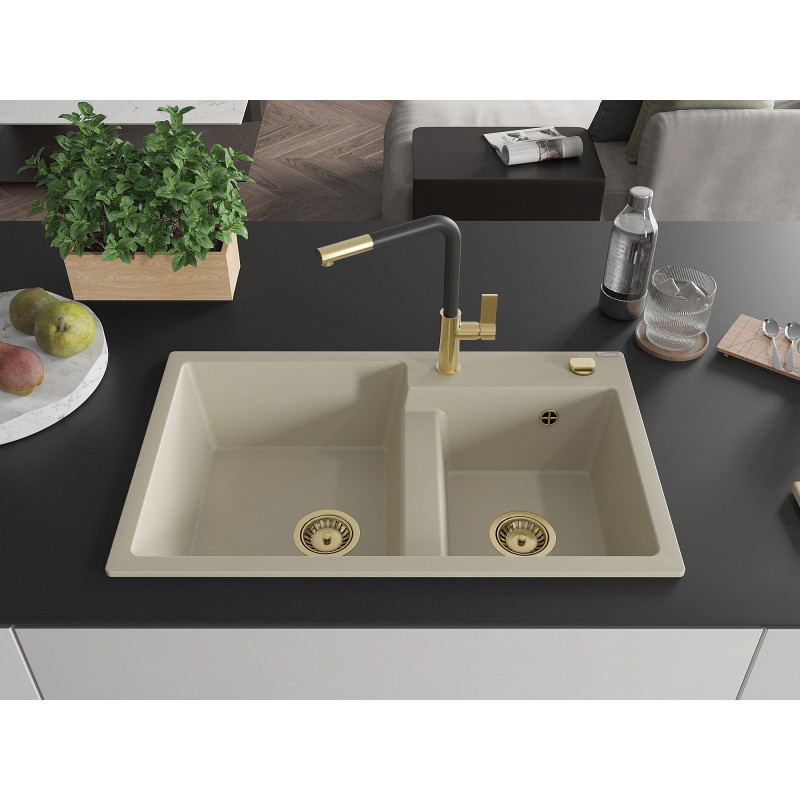 Mexen Tomas granite double-bowl kitchen sink with Flora faucet, beige - 6516-69-670401-57-G