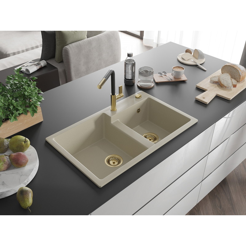 Mexen Tomas 2-bowl granite sink with Flora kitchen faucet, beige - 6516-69-670401-57-G