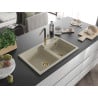 Mexen Tomas granite sink with 2 bowls and Flora kitchen tap, beige - 6516-69-670401-57-G