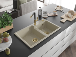 Mexen Tomas 2-bowl granite sink with Flora kitchen faucet, beige - 6516-69-670401-57-G