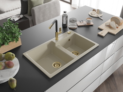 Mexen Tomas 2-compartment granite sink with a kitchen mixer tap Flora, Beige - 6516-69-670401-57-G
