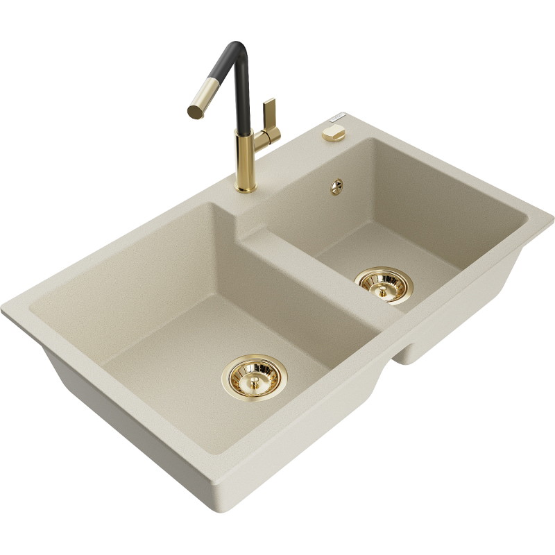Mexen Tomas 2-bowl granite sink with Flora kitchen faucet, beige - 6516-69-670401-57-G