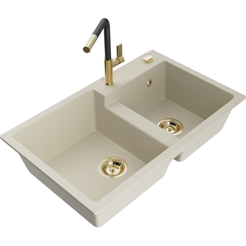 Mexen Tomas granite sink with 2 bowls and Flora kitchen tap, beige - 6516-69-670401-57-G