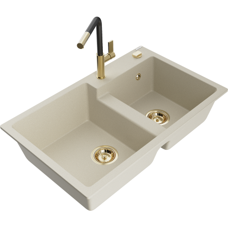 Mexen Tomas 2-bowl granite sink with Flora kitchen faucet, beige - 6516-69-670401-57-G