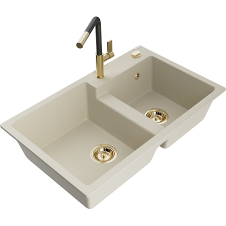 Mexen Tomas granite sink with 2 bowls and Flora kitchen tap, beige - 6516-69-670401-57-G