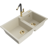 Mexen Tomas 2-bowl granite sink with Flora kitchen faucet, beige - 6516-69-670401-57-G