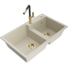 Mexen Tomas granite double-bowl kitchen sink with Flora faucet, beige - 6516-69-670401-57-G