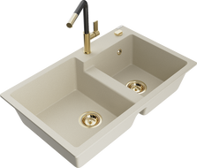 Mexen Tomas 2-bowl granite sink with Flora kitchen faucet, beige - 6516-69-670401-57-G