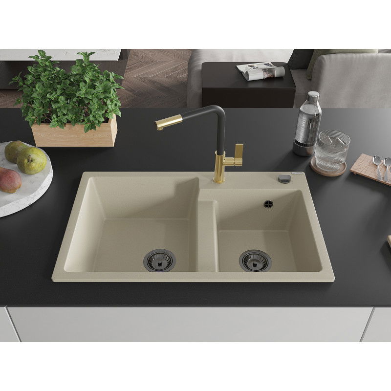 Mexen Tomas granite 2-bowl sink with Flora kitchen tap, beige - 6516-69-670401-57-B