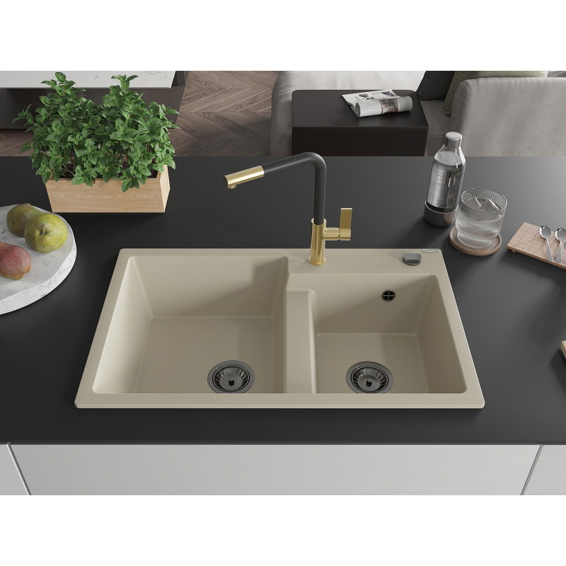 Mexen Tomas granite double-bowl sink with Flora kitchen faucet, beige - 6516-69-670401-57-B