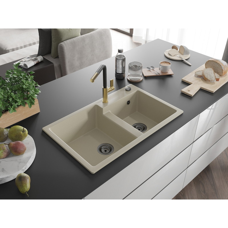 Mexen Tomas granite double-bowl sink with Flora kitchen faucet, beige - 6516-69-670401-57-B