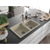 Mexen Tomas granite 2-bowl sink with Flora kitchen tap, beige - 6516-69-670401-57-B
