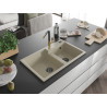 Mexen Tomas granite double-bowl sink with Flora kitchen faucet, beige - 6516-69-670401-57-B