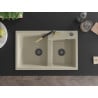 Mexen Tomas granite 2-bowl sink with Flora kitchen tap, beige - 6516-69-670401-57-B
