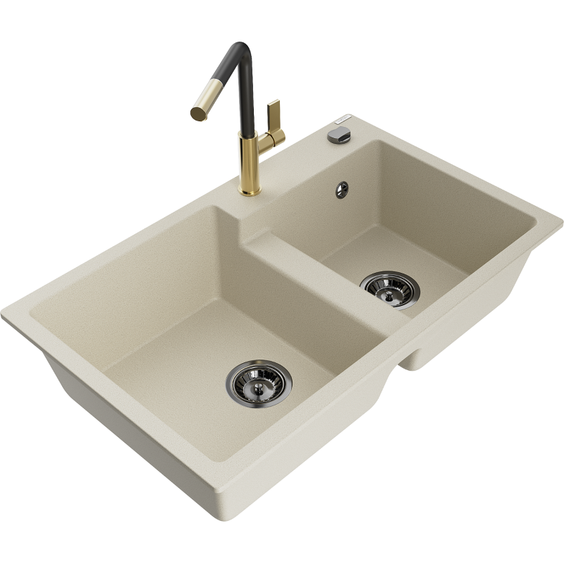 Mexen Tomas granite 2-bowl sink with Flora kitchen tap, beige - 6516-69-670401-57-B