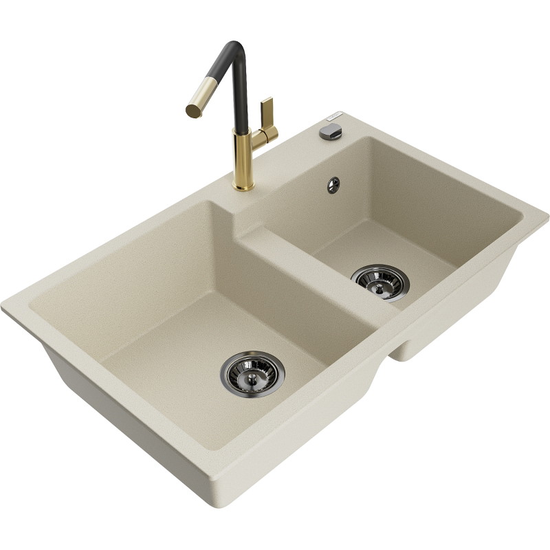 Mexen Tomas granite double-bowl sink with Flora kitchen faucet, beige - 6516-69-670401-57-B