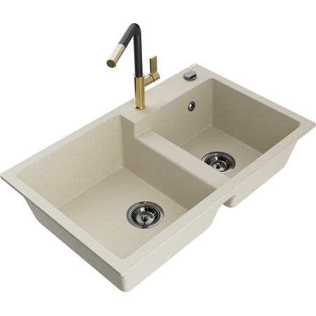 Mexen Tomas granite 2-bowl sink with Flora kitchen tap, beige - 6516-69-670401-57-B