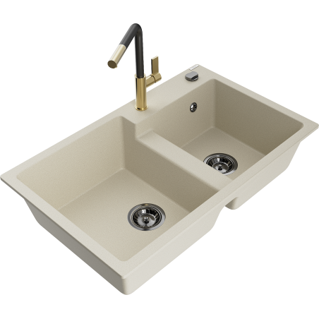 Mexen Tomas granite double-bowl sink with Flora kitchen faucet, beige - 6516-69-670401-57-B