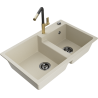 Mexen Tomas granite 2-bowl sink with Flora kitchen tap, beige - 6516-69-670401-57-B