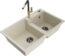 Mexen Tomas granite double-bowl sink with Flora kitchen faucet, beige - 6516-69-670401-57-B