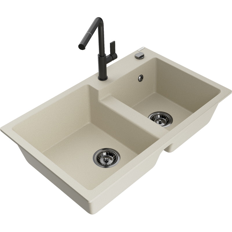 Mexen Tomas 2-bowl granite kitchen sink with Flora faucet, beige - 6516-69-670401-70-B