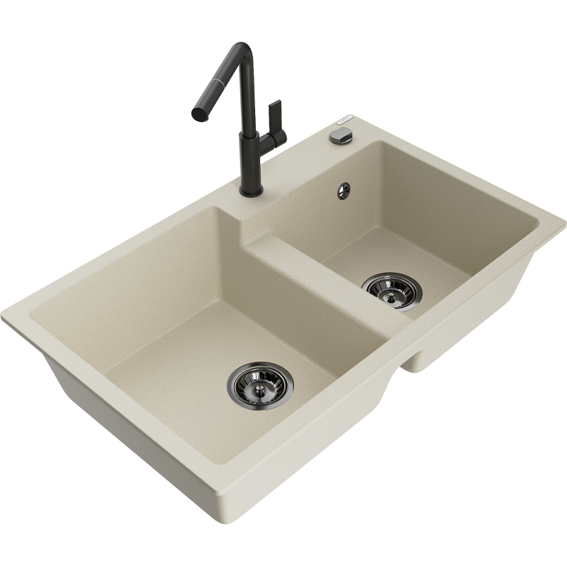 Mexen Tomas 2-chamber granite kitchen sink with Flora kitchen tap, beige - 6516-69-670401-70-B
