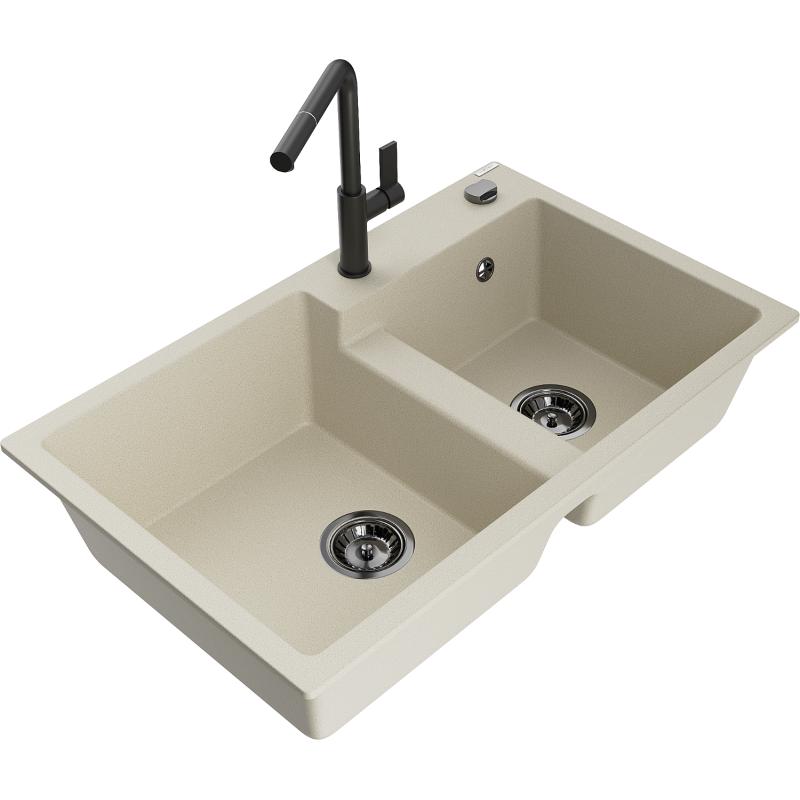 Mexen Tomas 2-compartment granite sink with a kitchen mixer tap Flora, Beige - 6516-69-670401-70-B