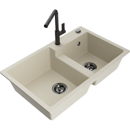 Mexen Tomas 2-bowl granite kitchen sink with Flora faucet, beige - 6516-69-670401-70-B