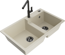 Mexen Tomas 2-bowl granite kitchen sink with Flora faucet, beige - 6516-69-670401-70-B