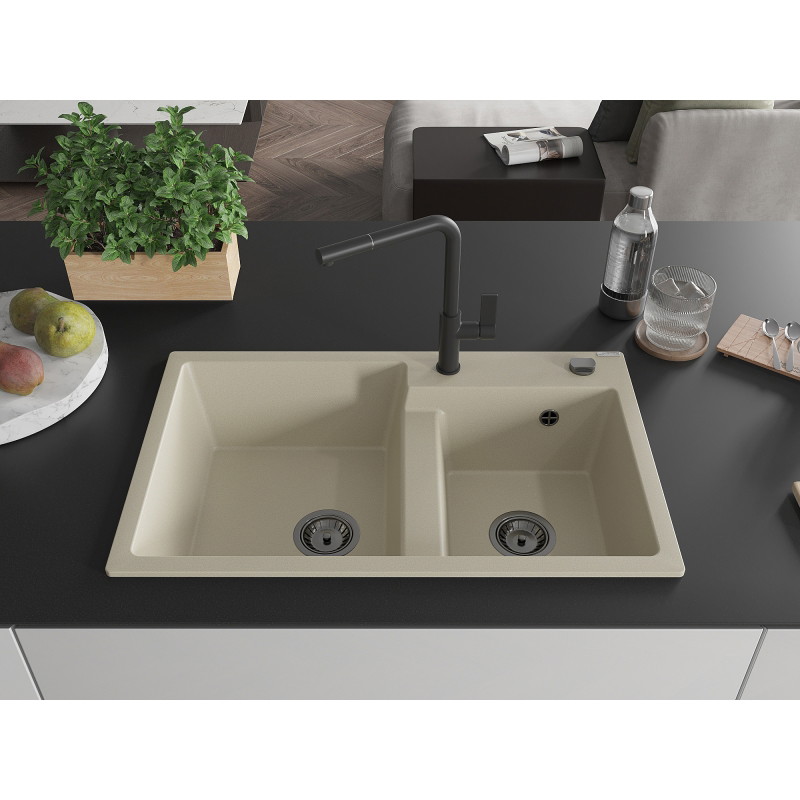 Mexen Tomas 2-chamber granite sink with Flora kitchen faucet, beige - 6516-69-670401-70-B