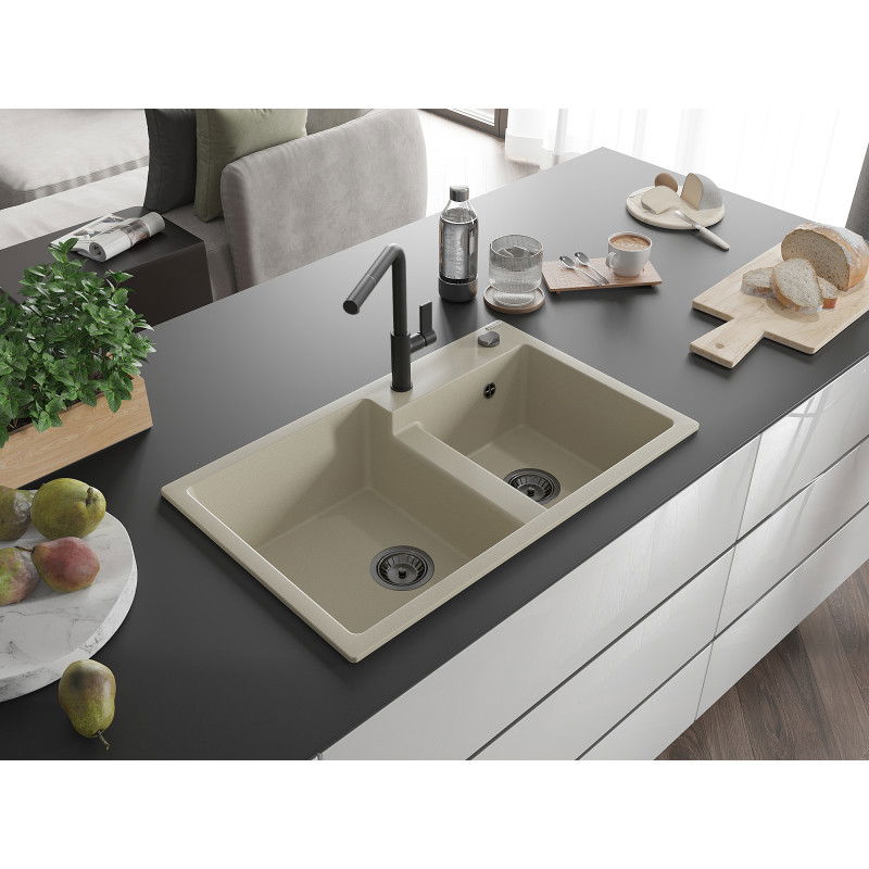Mexen Tomas 2-chamber granite kitchen sink with Flora kitchen tap, beige - 6516-69-670401-70-B