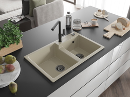 Mexen Tomas 2-compartment granite sink with a kitchen mixer tap Flora, Beige - 6516-69-670401-70-B