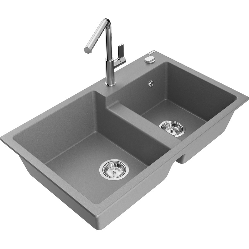 Mexen Tomas granite double-bowl sink with Flora kitchen faucet, gray - 6516-71-670401-00