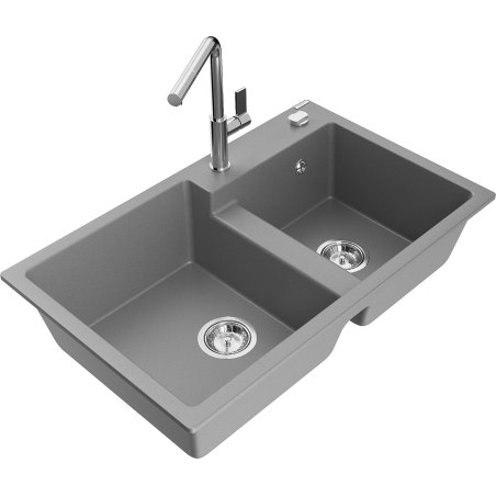Mexen Tomas 2-bowl granite kitchen sink with Flora tap, grey - 6516-71-670401-00