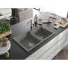 Mexen Tomas granite 2-bowl sink with Flora kitchen tap, grey - 6516-71-670401-06