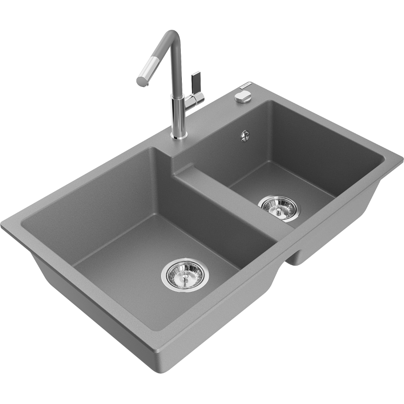 Mexen Tomas granite 2-bowl sink with Flora kitchen tap, grey - 6516-71-670401-06