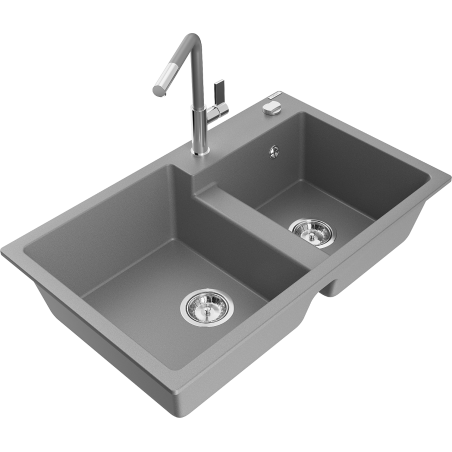 Mexen Tomas 2-compartment granite sink with a kitchen mixer tap Flora, Grey - 6516-71-670401-06
