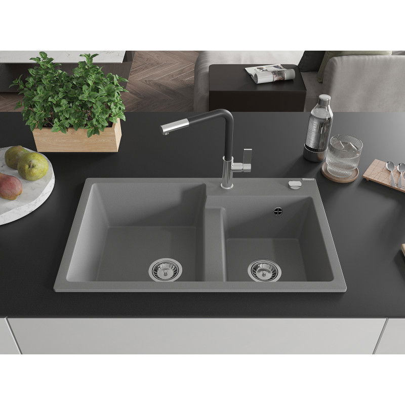 Mexen Tomas granite kitchen sink with 2 bowls and Flora kitchen tap, grey - 6516-71-670401-07