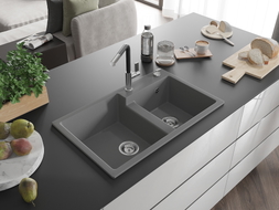 Mexen Tomas granite kitchen sink 2-bowl with Flora faucet, gray - 6516-71-670401-07