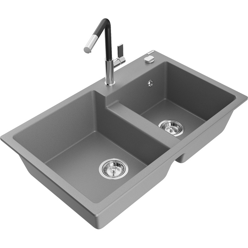 Mexen Tomas granite double-bowl kitchen sink with Flora kitchen faucet, gray - 6516-71-670401-07