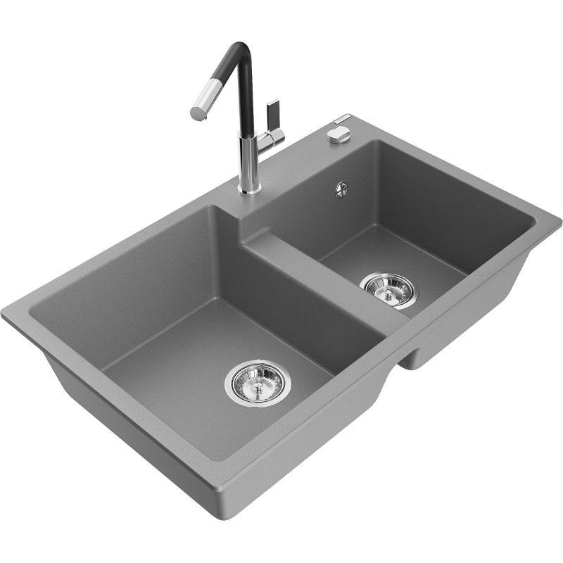 Mexen Tomas granite kitchen sink with 2 bowls and Flora kitchen tap, grey - 6516-71-670401-07