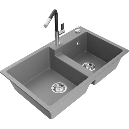 Mexen Tomas granite kitchen sink 2-bowl with Flora faucet, gray - 6516-71-670401-07