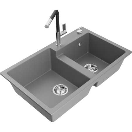 Mexen Tomas granite kitchen sink with 2 bowls and Flora kitchen tap, grey - 6516-71-670401-07