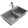 Mexen Tomas granite kitchen sink 2-bowl with Flora faucet, gray - 6516-71-670401-07